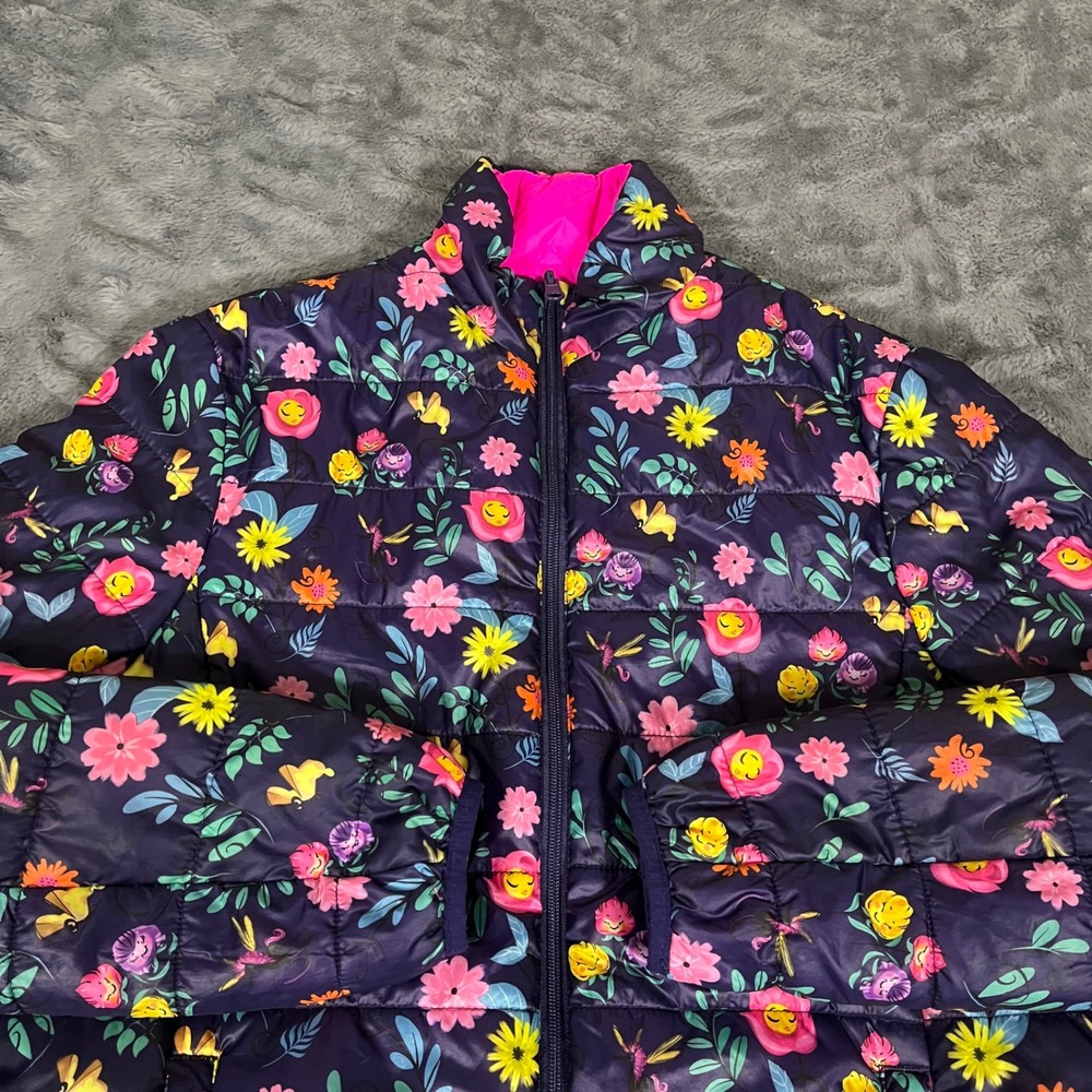 Disney Alice in Wonderland Reversible Puffer Jacket Floral Print Pink Womens S